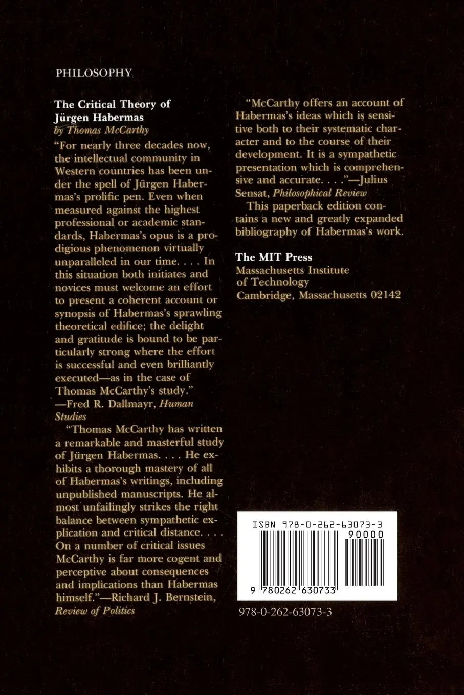 Rückseite: 9780262630733 | The Critical Theory of Jürgen Habermas | Thomas Mccarthy | Taschenbuch
