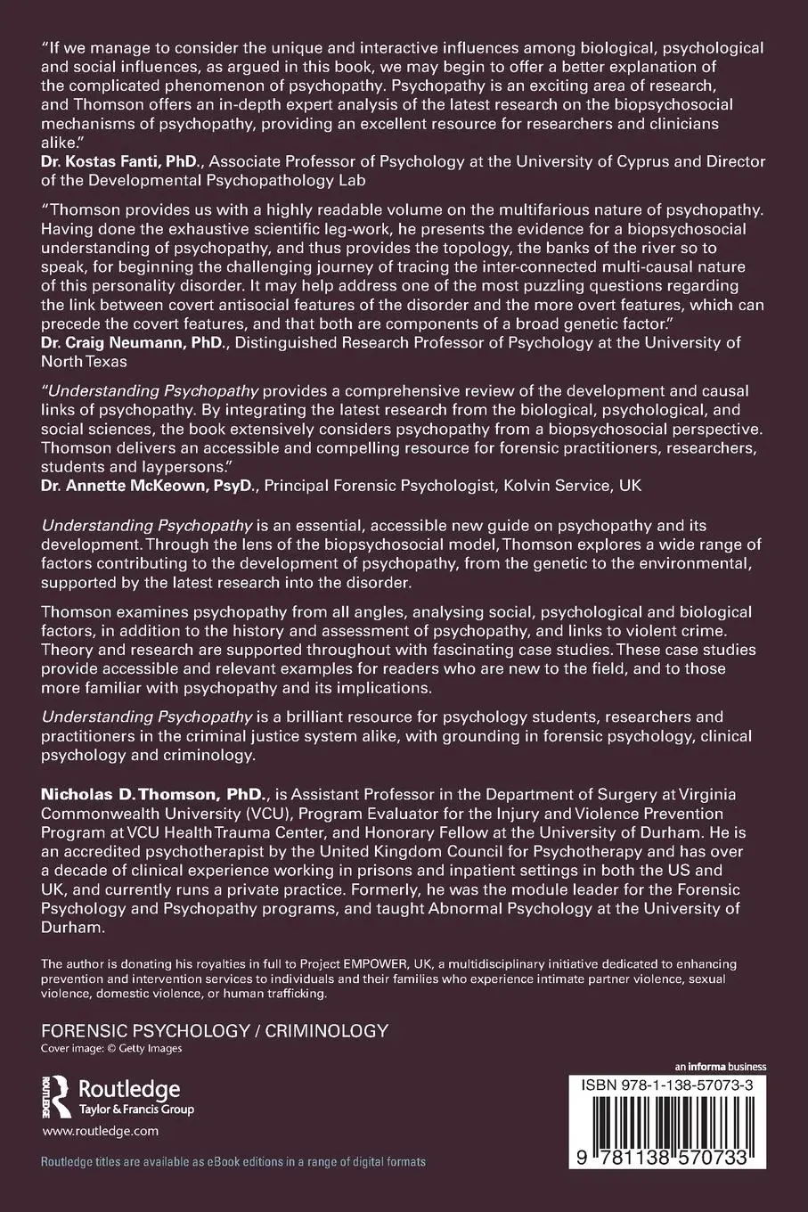 Rückseite: 9781138570733 | Understanding Psychopathy | The Biopsychosocial Perspective | Thomson