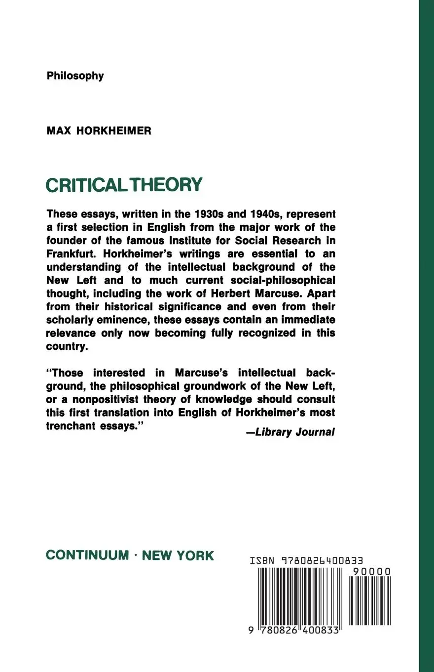 Rückseite: 9780826400833 | Critical Theory | Selected Essays | Max Horkheimer | Taschenbuch