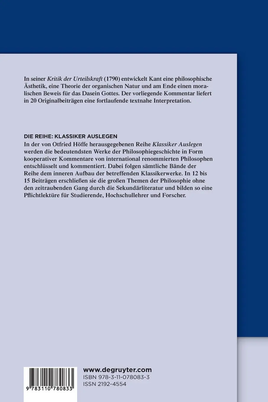 Rückseite: 9783110780833 | Immanuel Kant: Kritik der Urteilskraft | Otfried Höffe | Taschenbuch