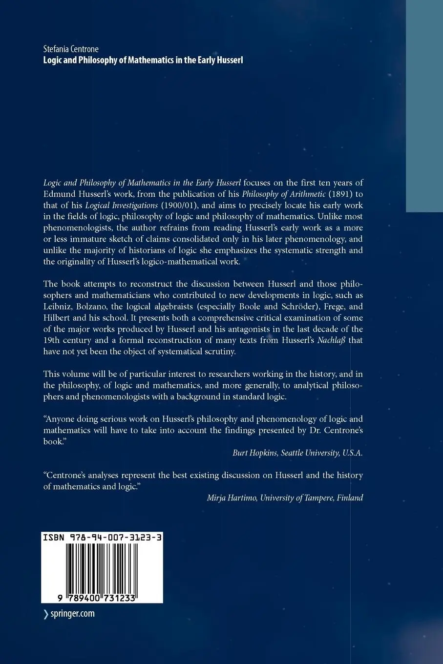 Rückseite: 9789400731233 | Logic and Philosophy of Mathematics in the Early Husserl | Centrone
