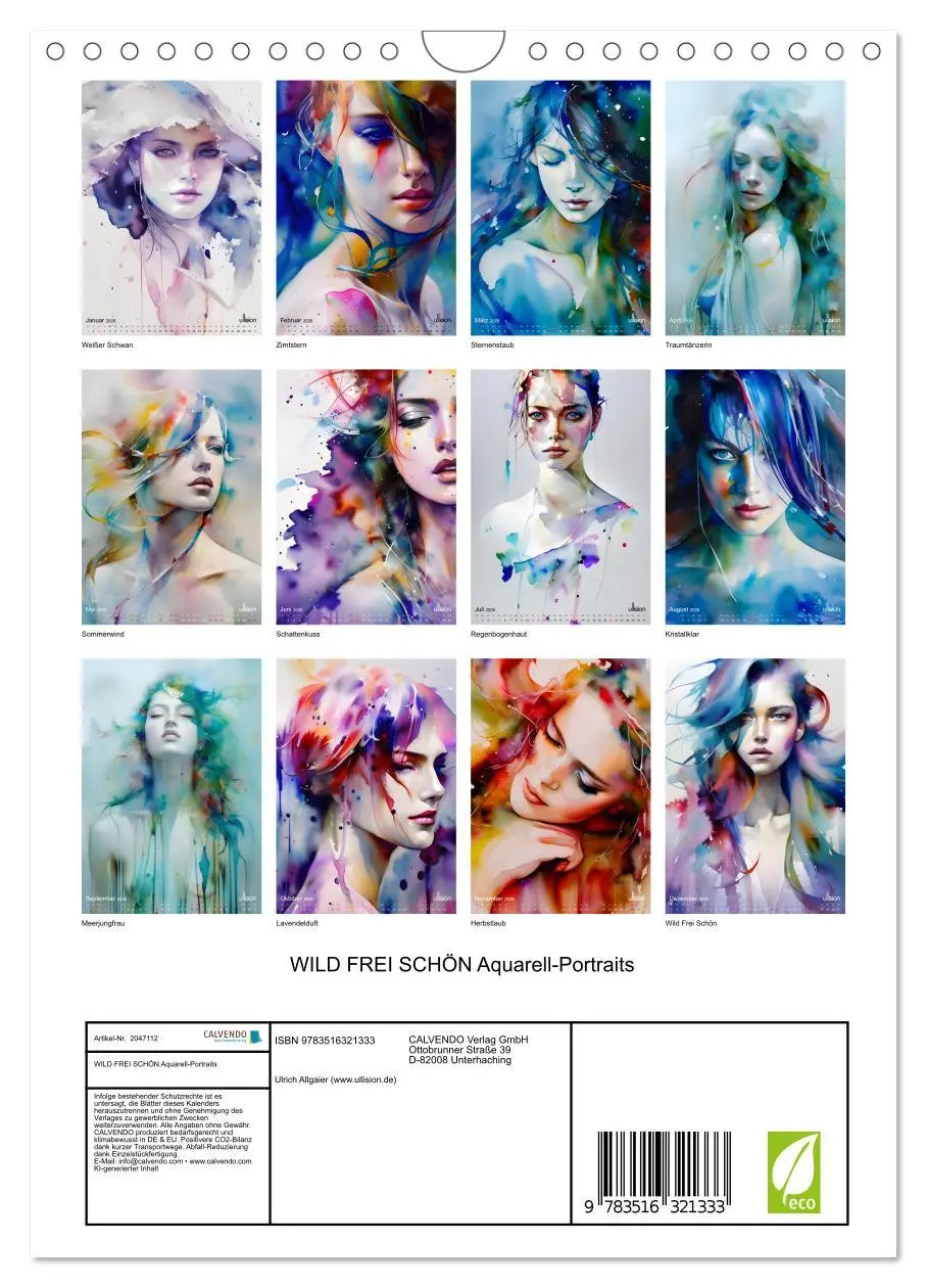 Bild: 9783516321333 | WILD FREI SCHÖN Aquarell-Portraits (Wandkalender 2026 DIN A4 hoch),...