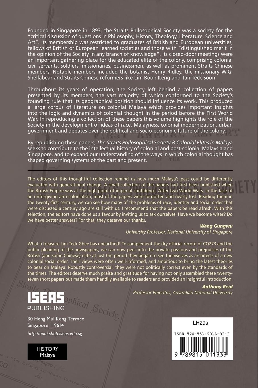 Rückseite: 9789815011333 | The Straits Philosophical Society &amp; Colonial Elites in Malaya | Buch