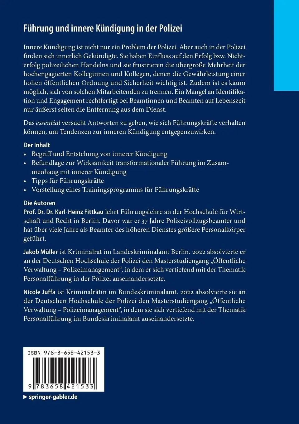 Rückseite: 9783658421533 | Führung und innere Kündigung in der Polizei | Fittkau (u. a.) | Buch