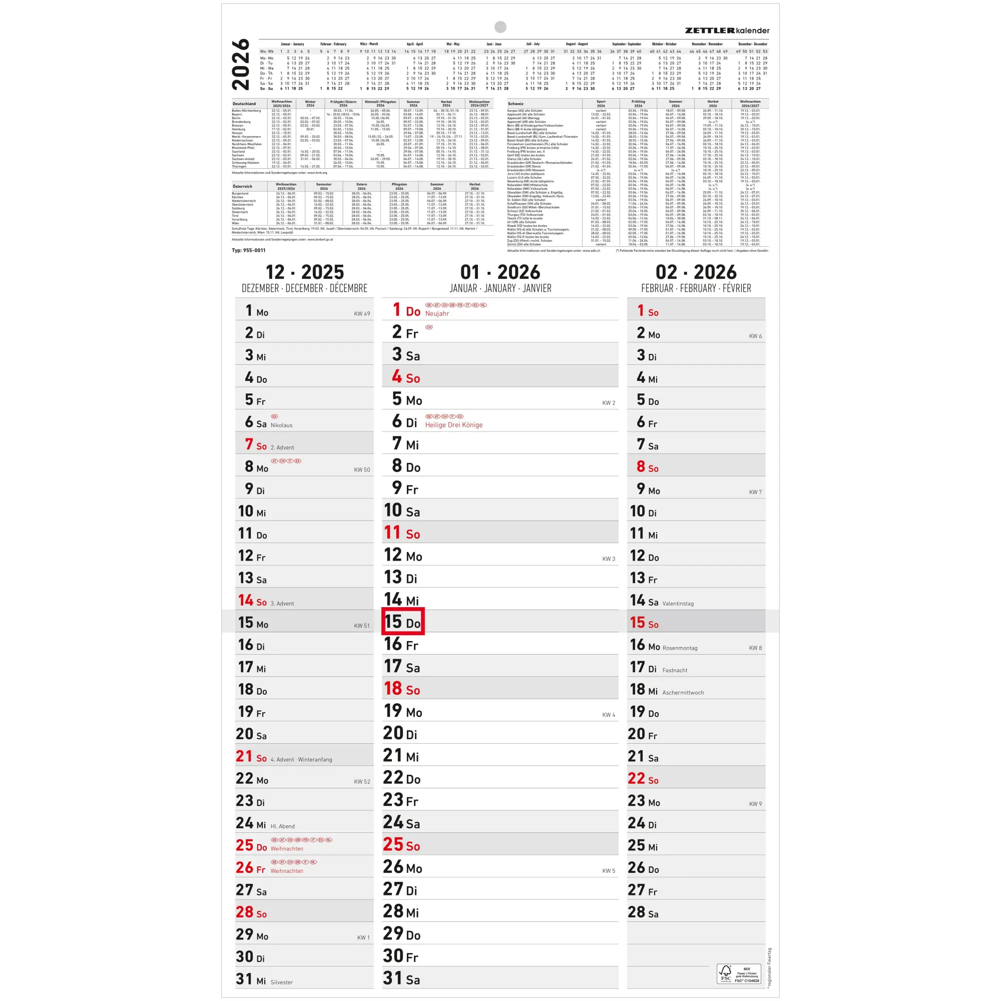 Cover: 4069095001633 | 3-Monatskalender Streifenplaner 2026 - Büro-Kalender 33x58,8 cm...