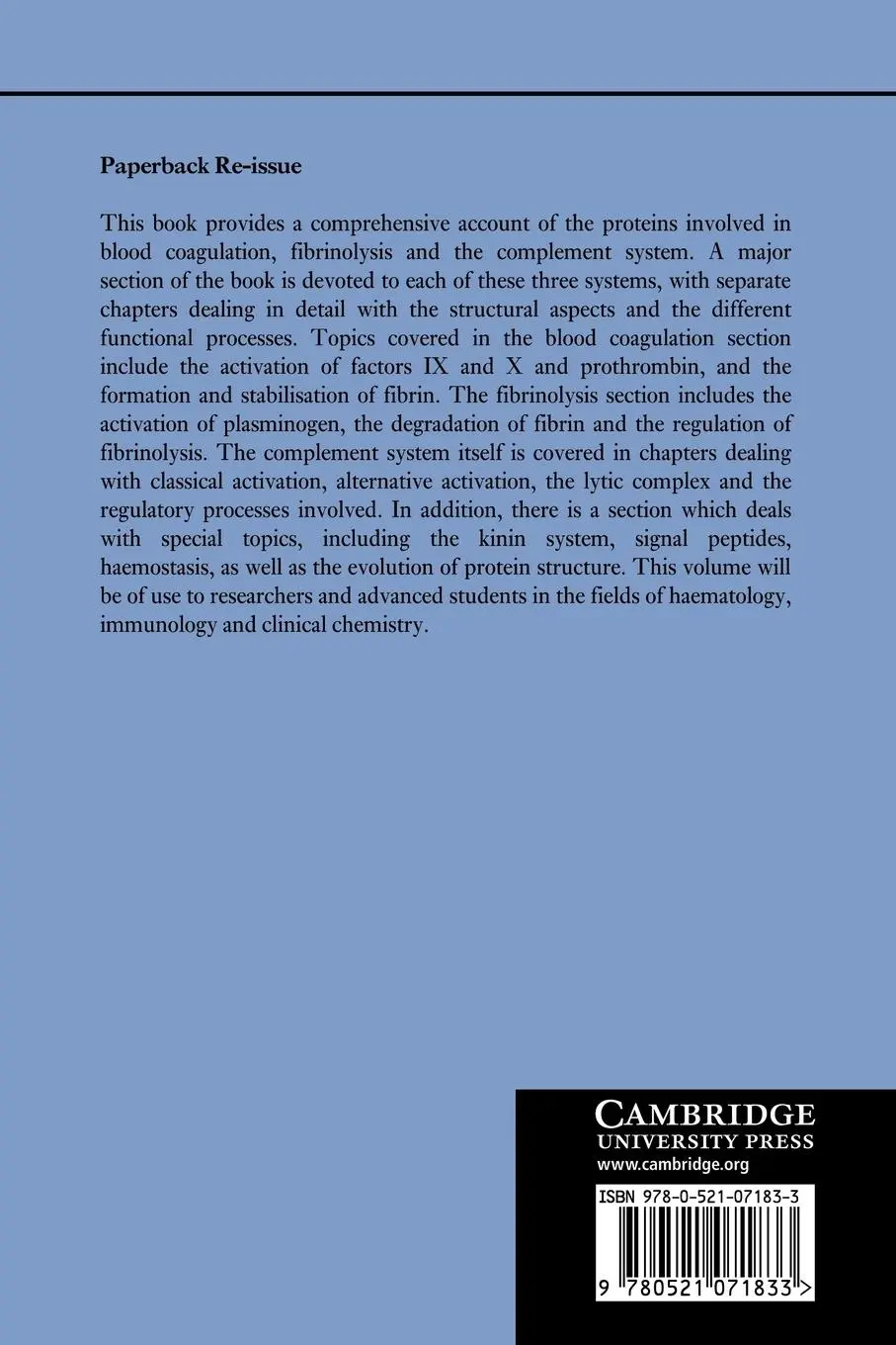 Rückseite: 9780521071833 | Mechanisms in Blood Coagulation, Fibrinolysis and the Complement...