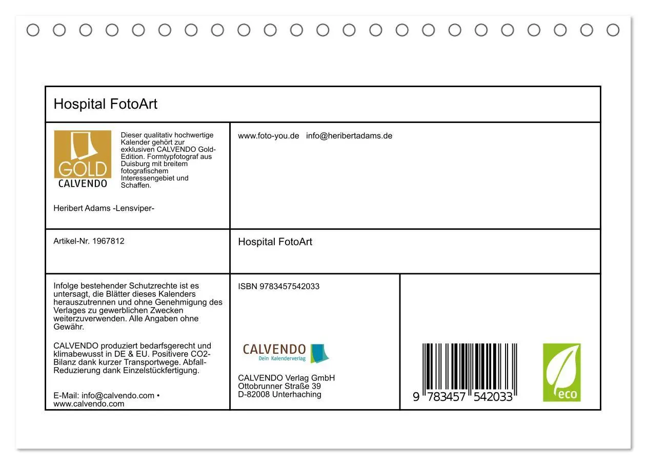 Bild: 9783457542033 | Hospital FotoArt (Tischkalender 2026 DIN A5 quer), CALVENDO...