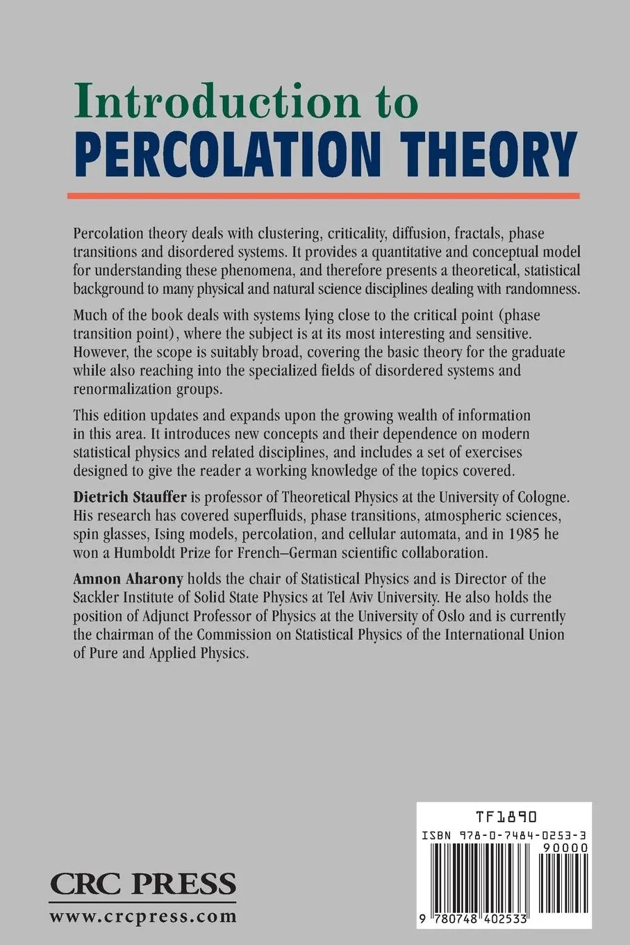 Rückseite: 9780748402533 | Introduction To Percolation Theory | Second Edition | Stauffer (u. a.)