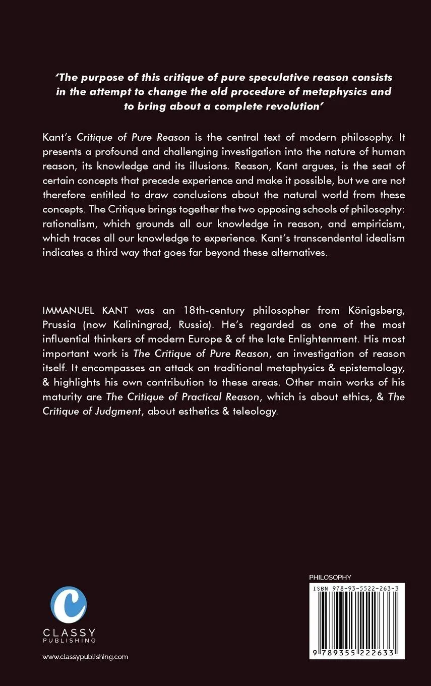 Rückseite: 9789355222633 | Critique of Pure Reason | Immanuel Kant | Buch | Englisch | 2024