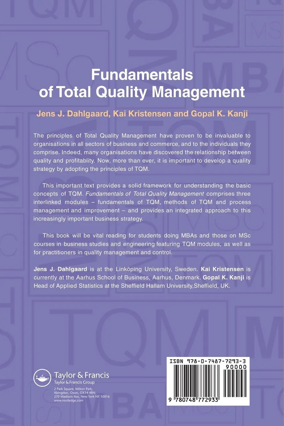 Rückseite: 9780748772933 | Fundamentals of Total Quality Management | Jens J. Dahlgaard (u. a.)