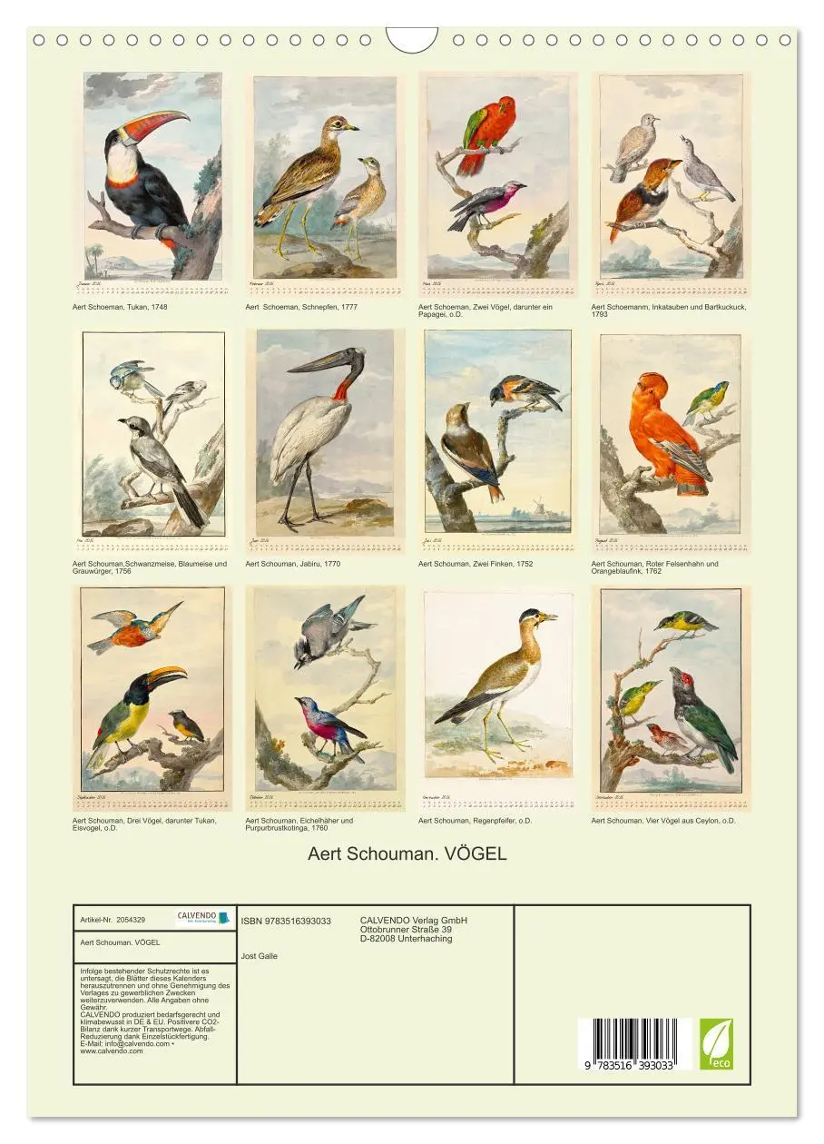 Bild: 9783516393033 | Aert Schouman. VÖGEL (Wandkalender 2026 DIN A3 hoch), CALVENDO...