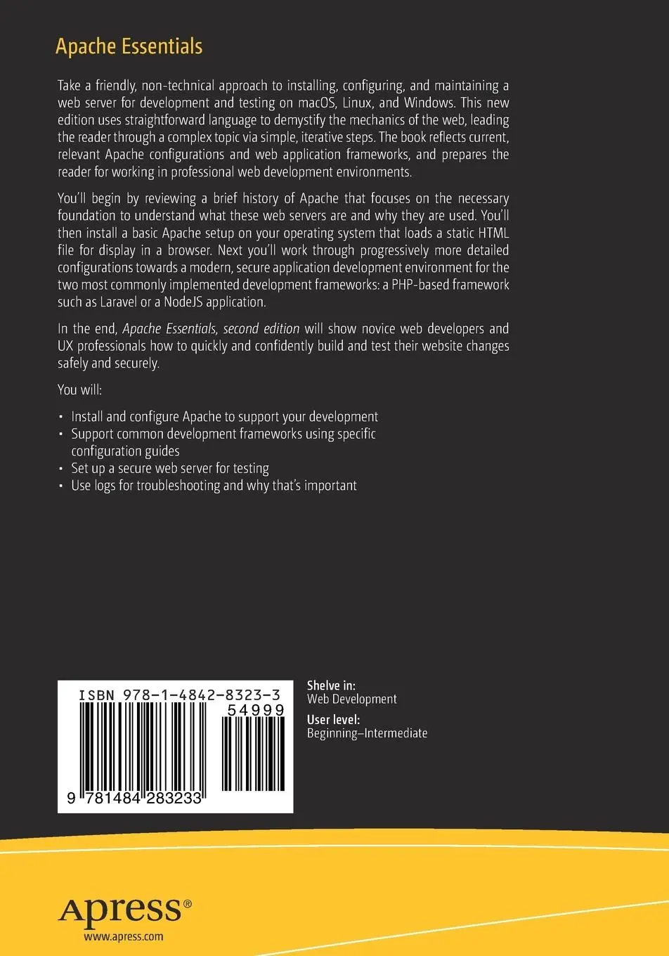 Rückseite: 9781484283233 | Apache Essentials | Install, Configure, Maintain | Harkness | Buch