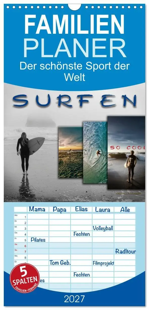 Cover: 9783594343333 | Familienplaner 2027 - Surfen - so cool mit 5 Spalten (Wandkalender,...