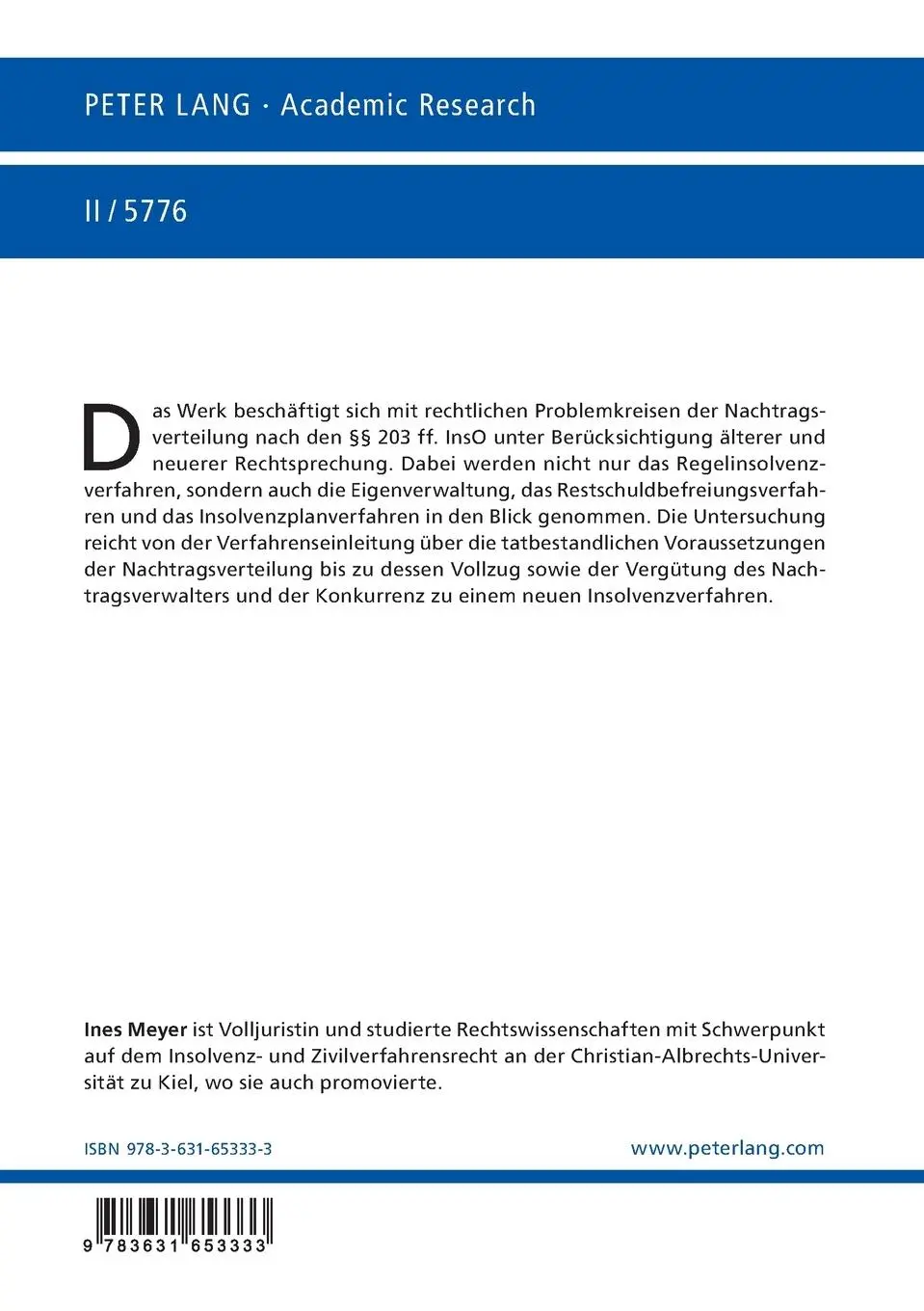 Rückseite: 9783631653333 | Masseverwaltung nach Aufhebung des Insolvenzverfahrens am Beispiel...