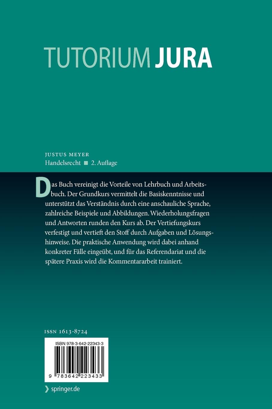 Rückseite: 9783642223433 | Handelsrecht | Grundkurs und Vertiefungskurs | Justus Meyer | Buch