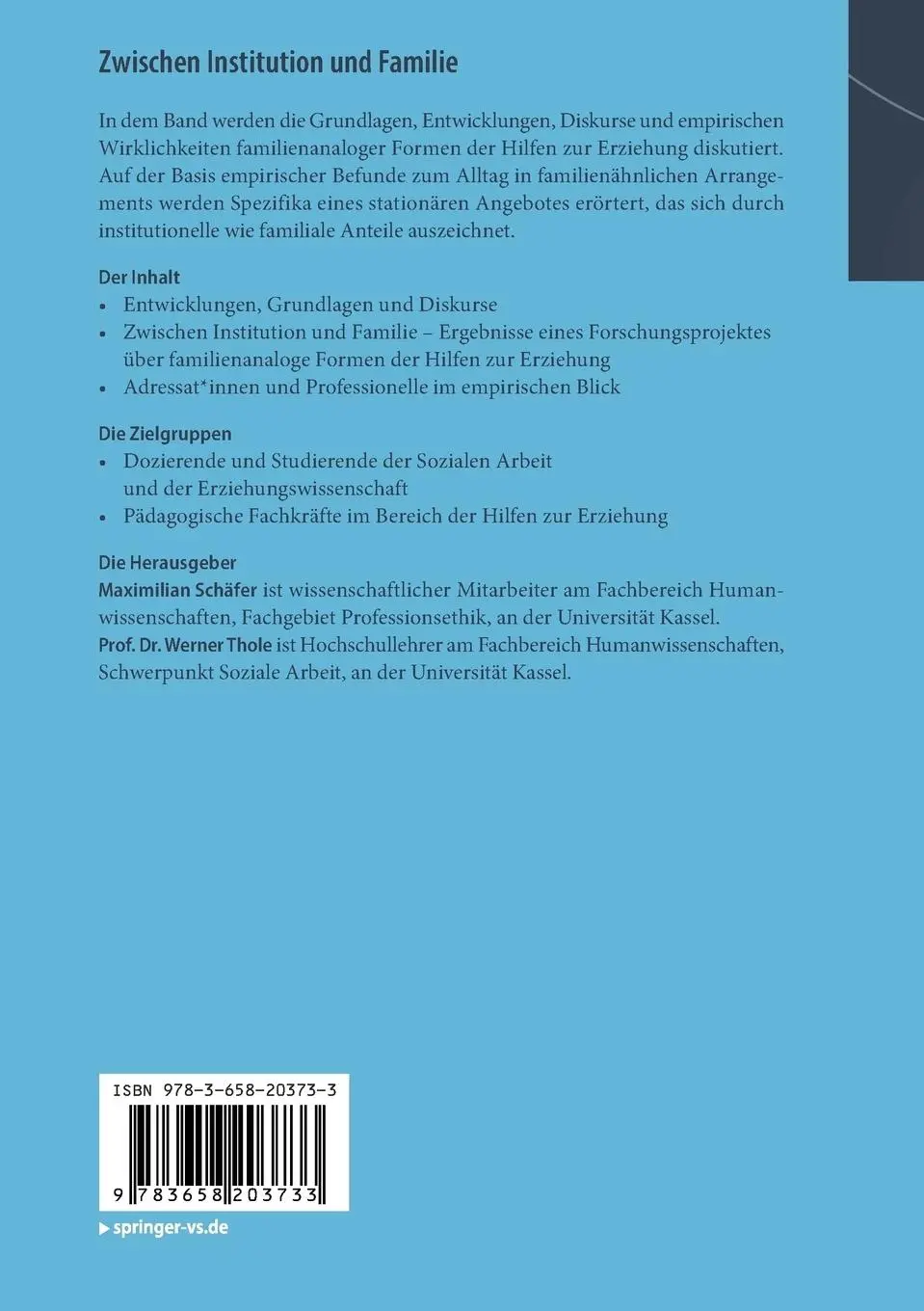 Rückseite: 9783658203733 | Zwischen Institution und Familie | Werner Thole (u. a.) | Taschenbuch
