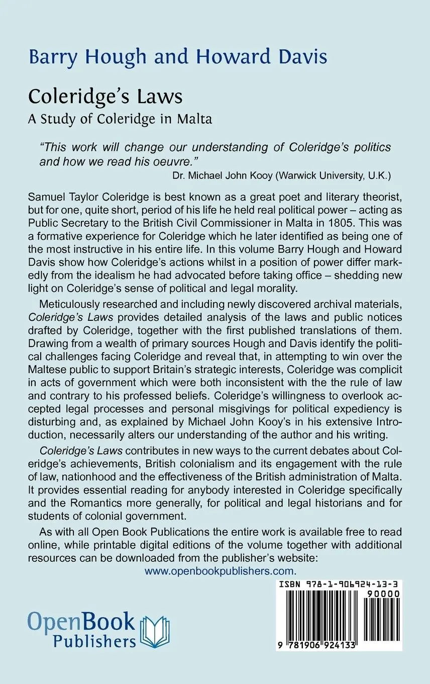 Rückseite: 9781906924133 | Coleridge's Laws. a Study of Coleridge in Malta. | Barry Hough (u. a.)