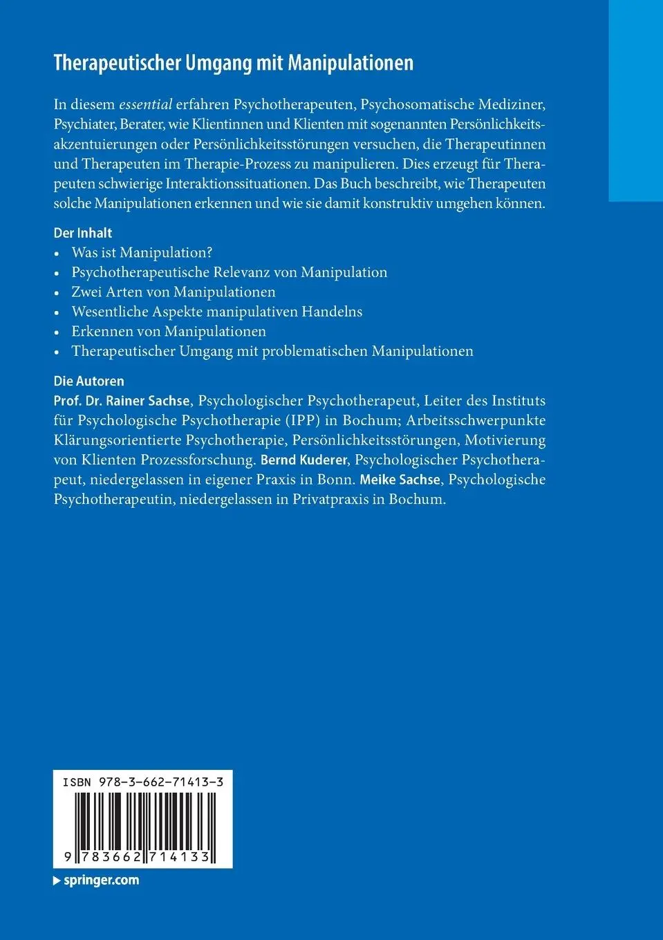 Rückseite: 9783662714133 | Therapeutischer Umgang mit Manipulationen | Rainer Sachse (u. a.) | ix
