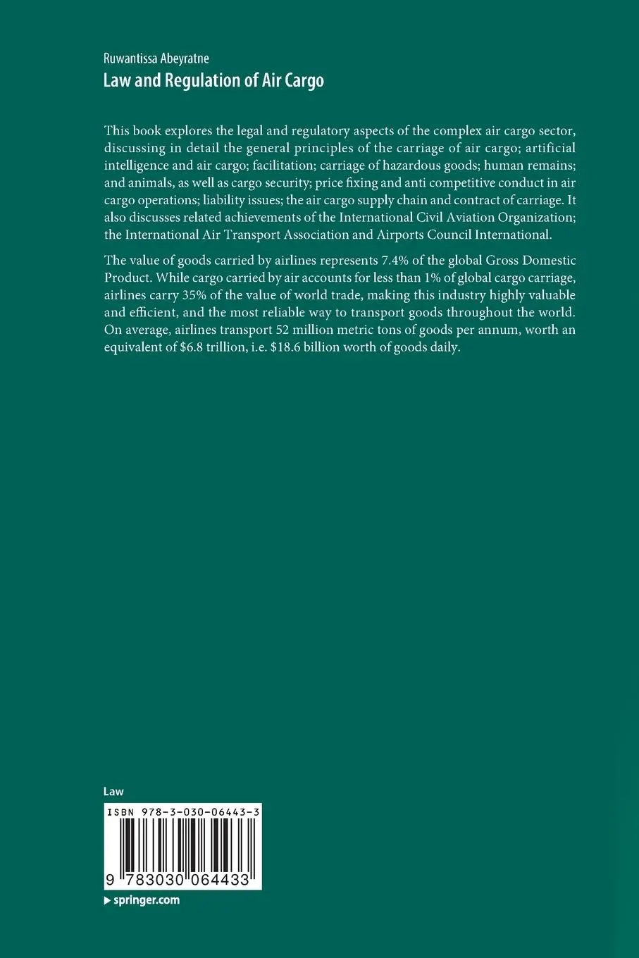 Rückseite: 9783030064433 | Law and Regulation of Air Cargo | Ruwantissa Abeyratne | Taschenbuch