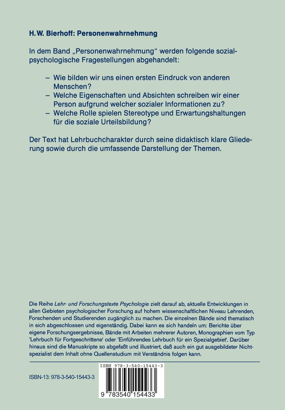 Rückseite: 9783540154433 | Personenwahrnehmung | Vom ersten Eindruck zur sozialen Interaktion