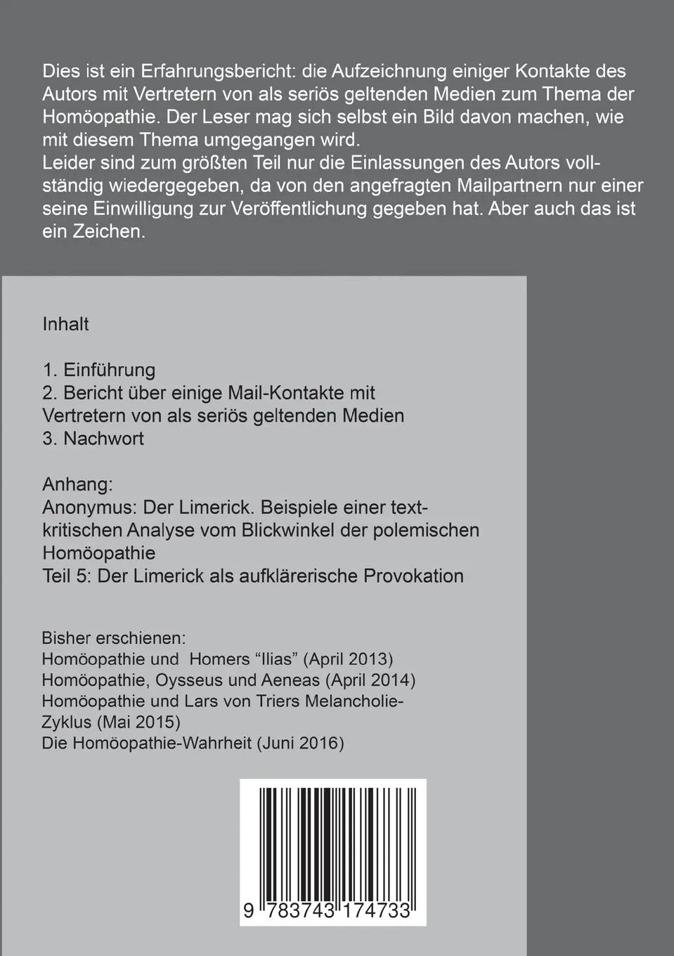 Rückseite: 9783743174733 | Homöopathie und ... Alternative Fakten | Dieter Elendt (u. a.) | Buch