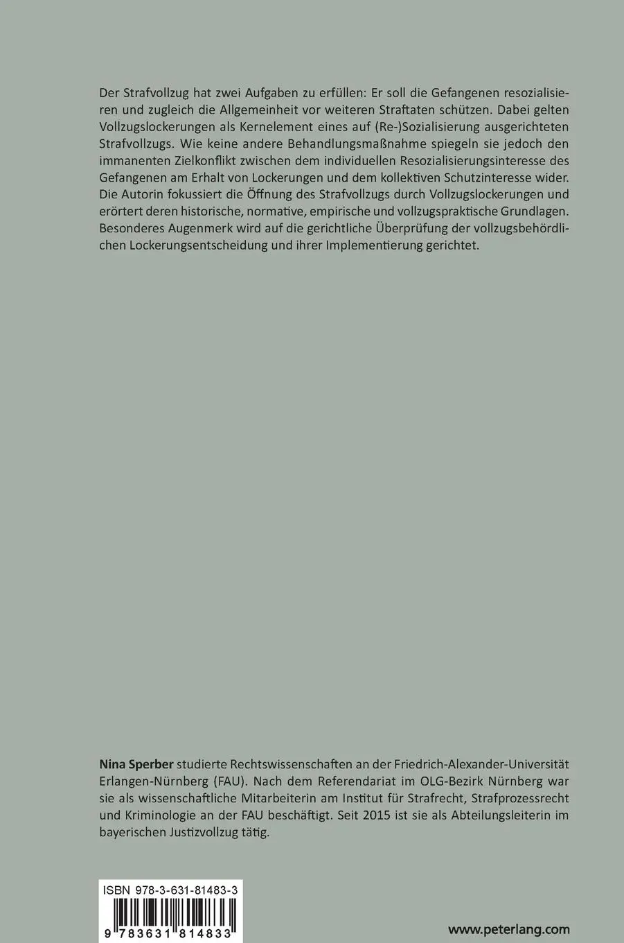 Rückseite: 9783631814833 | Lockerungen im Strafvollzug | Nina Sperber | Buch | Deutsch | 2020