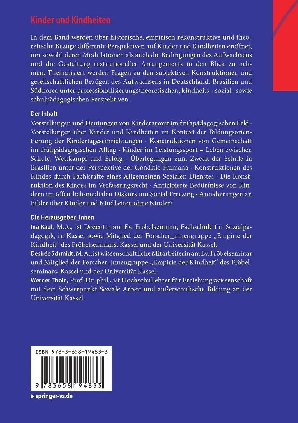 Rückseite: 9783658194833 | Kinder und Kindheiten | Ina Kaul (u. a.) | Taschenbuch | vi | Deutsch