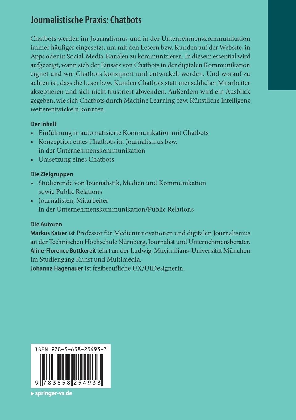 Rückseite: 9783658254933 | Journalistische Praxis: Chatbots | Markus Kaiser (u. a.) | Taschenbuch