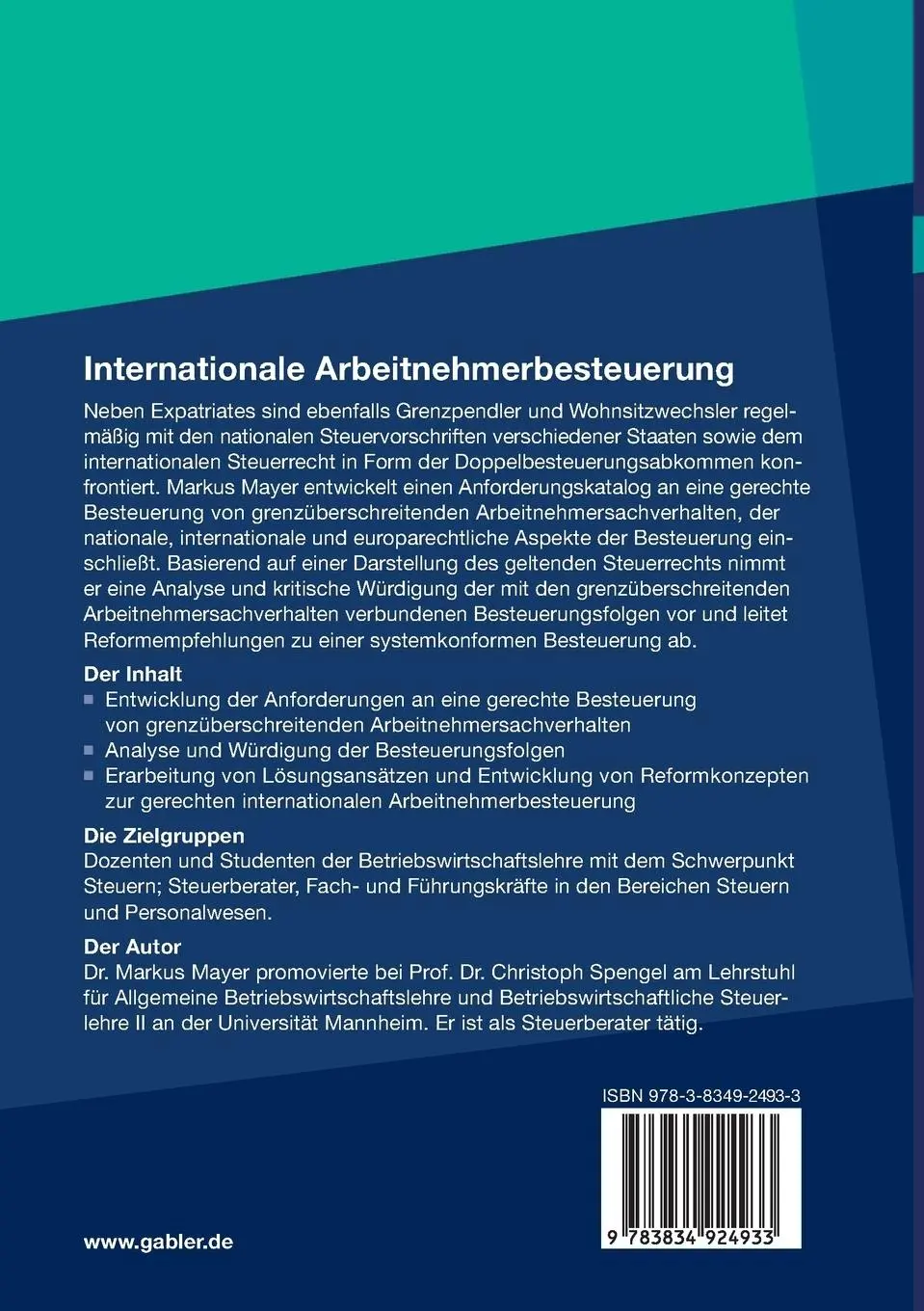 Rückseite: 9783834924933 | Internationale Arbeitnehmerbesteuerung | Markus Mayer | Taschenbuch