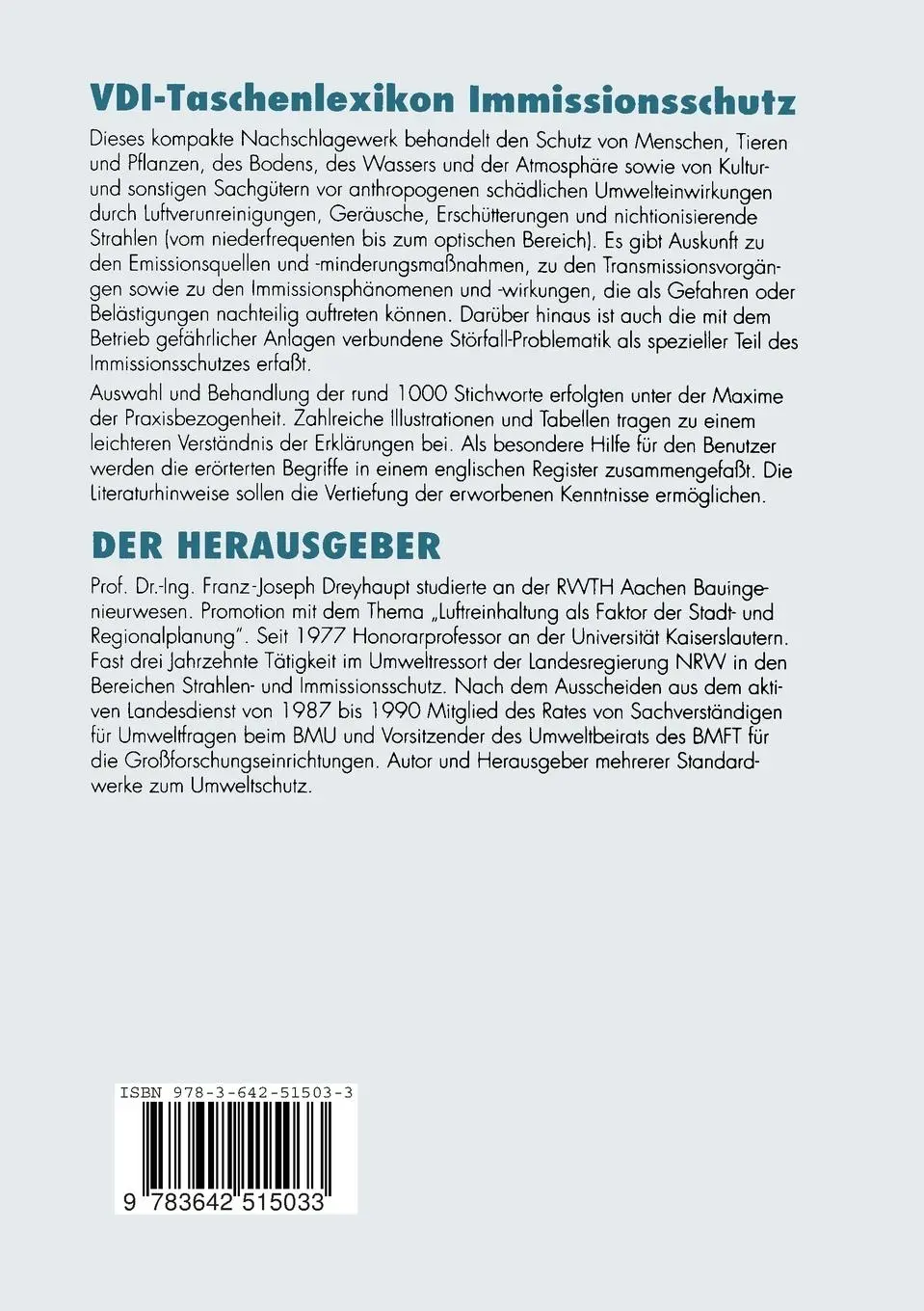 Rückseite: 9783642515033 | VDI-Taschenlexikon Immissionsschutz | Franz-Joseph Dreyhaupt | Buch