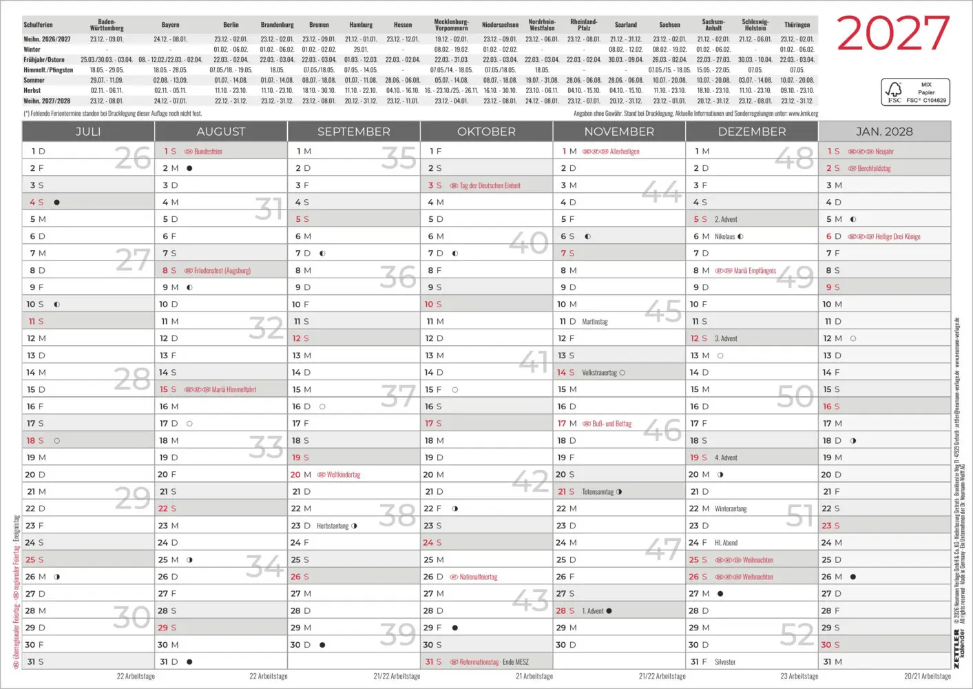 Bild: 4069095015333 | Tafelkalender A4 beidseitig 2027 | Kalender | 1 S. | Deutsch | 2027