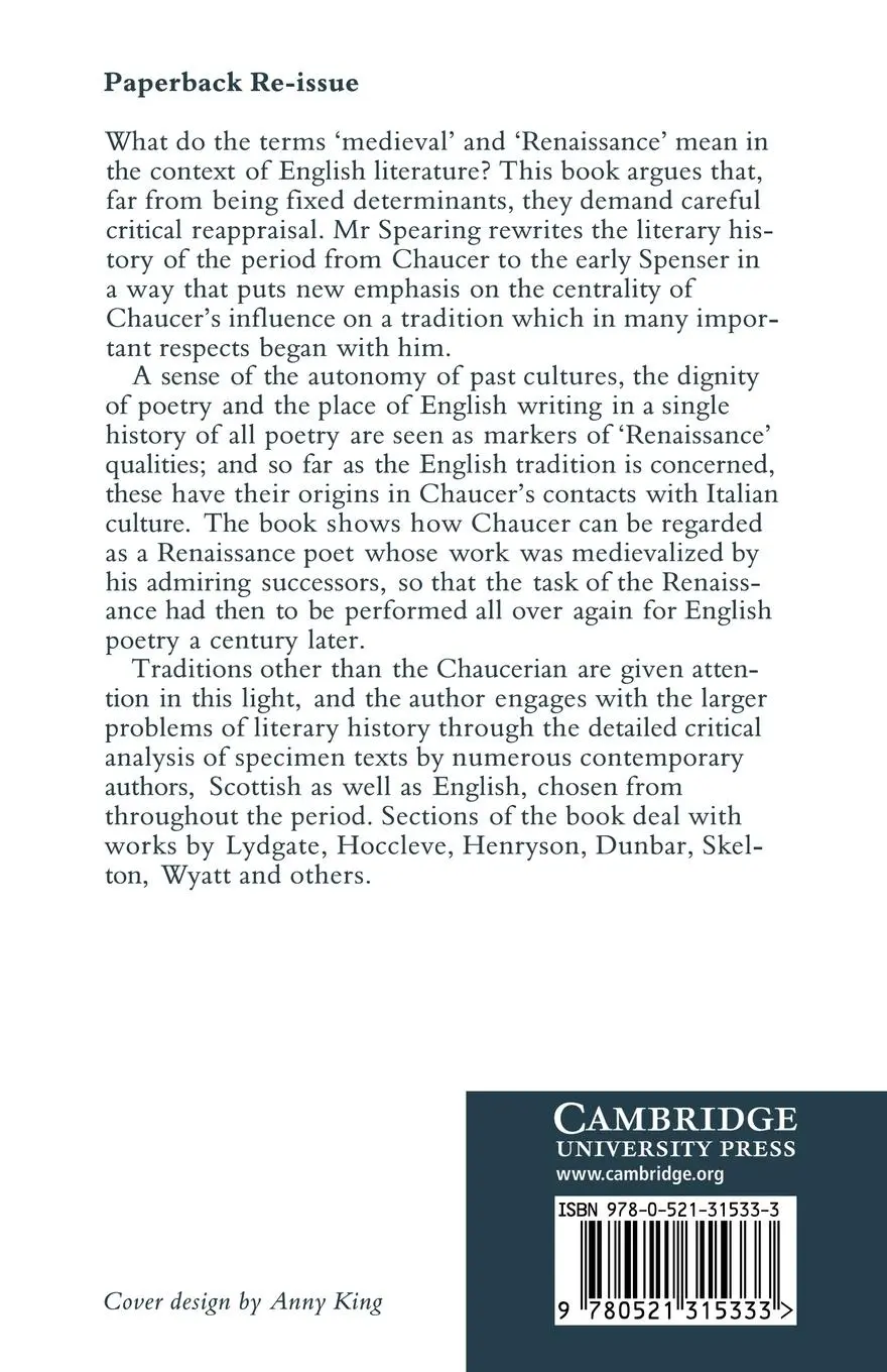 Rückseite: 9780521315333 | Medieval to Renaissance in English Poetry | A. C. Spearing | Buch