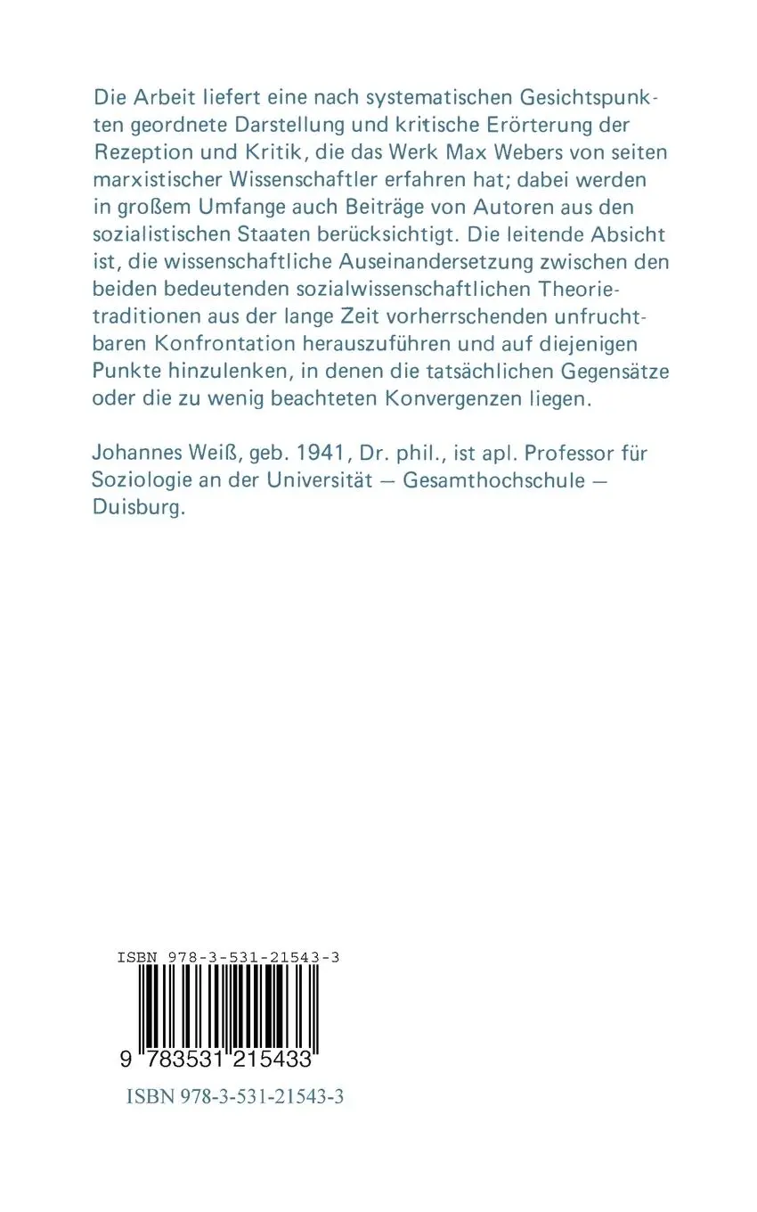 Rückseite: 9783531215433 | Das Werk Max Webers in der marxistischen Rezeption und Kritik | Weiß