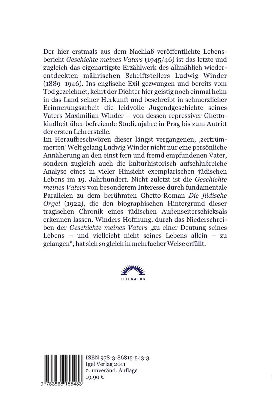 Rückseite: 9783868155433 | Ludwig Winder: Geschichte meines Vaters | Hg. von Dieter Sudhoff