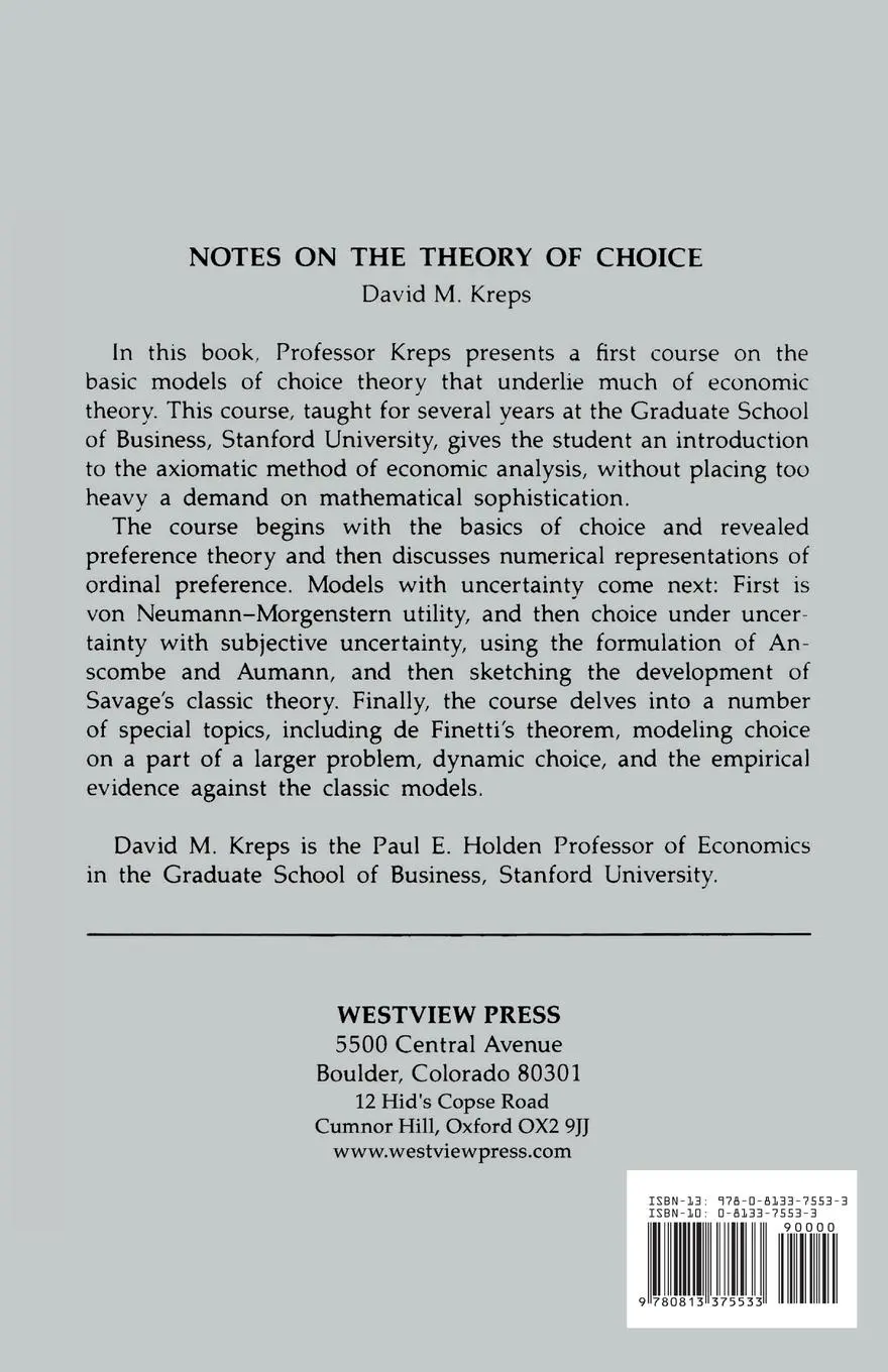 Rückseite: 9780813375533 | Notes On The Theory Of Choice | David Kreps | Taschenbuch | Englisch