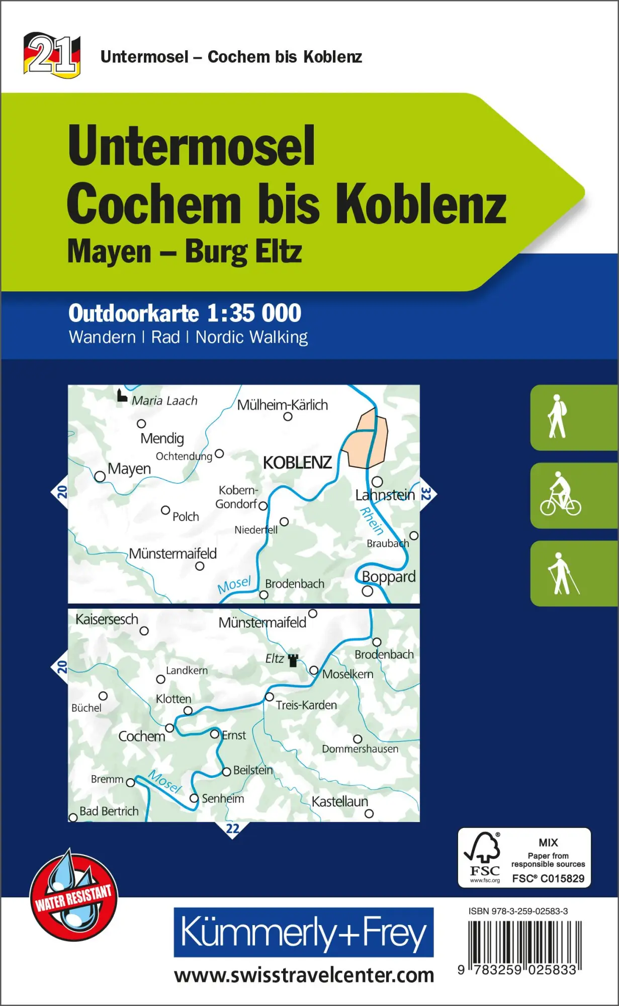 Rückseite: 9783259025833 | Kümmerly+Frey Outdoorkarte Deutschland 21 Untermosel, Cochem bis...