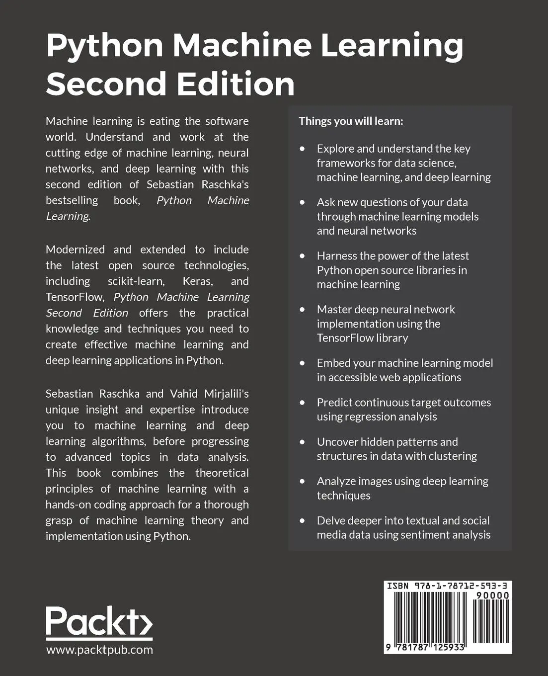 Rückseite: 9781787125933 | Python Machine Learning - Second Edition | Sebastian Raschka (u. a.)