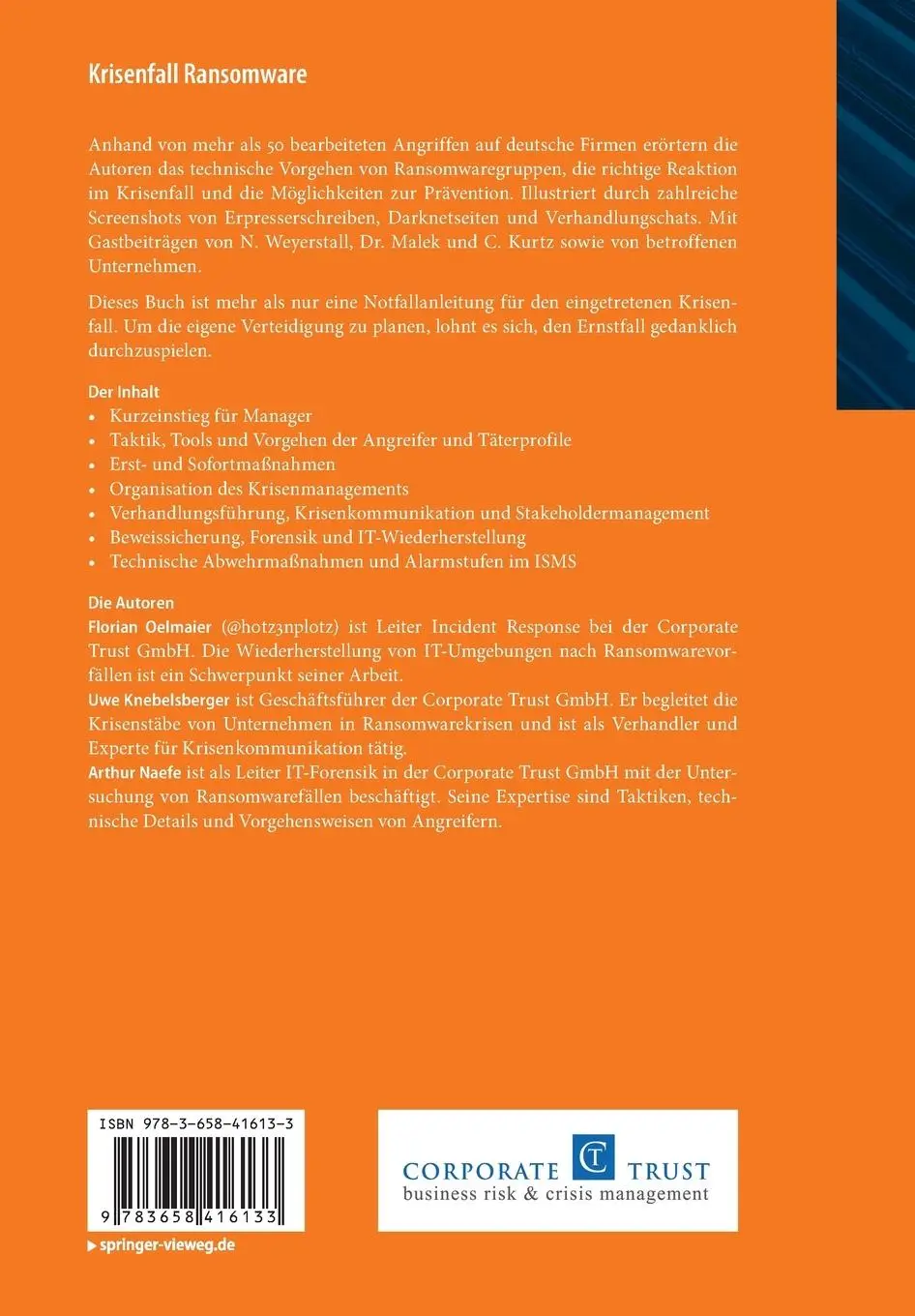 Rückseite: 9783658416133 | Krisenfall Ransomware | Florian Oelmaier (u. a.) | Taschenbuch | xxiii