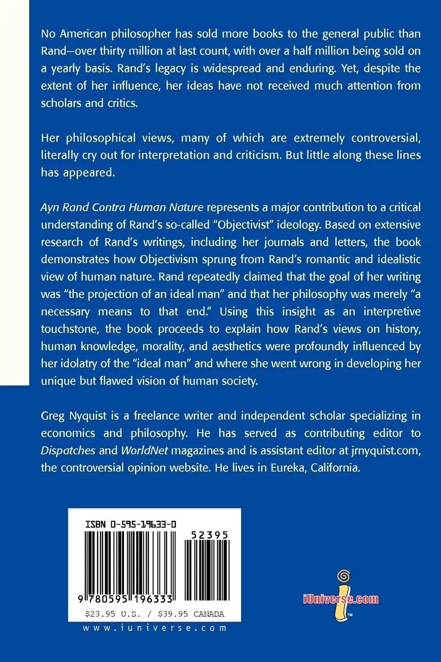 Rückseite: 9780595196333 | Ayn Rand Contra Human Nature | Greg S. Nyquist | Taschenbuch | 2001