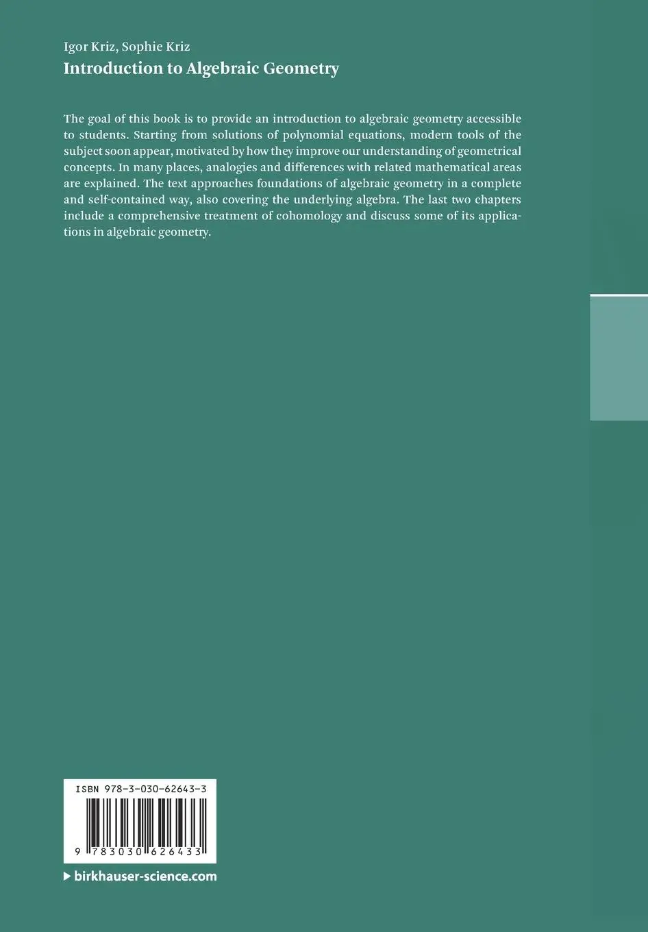 Rückseite: 9783030626433 | Introduction to Algebraic Geometry | Sophie Kriz (u. a.) | Taschenbuch