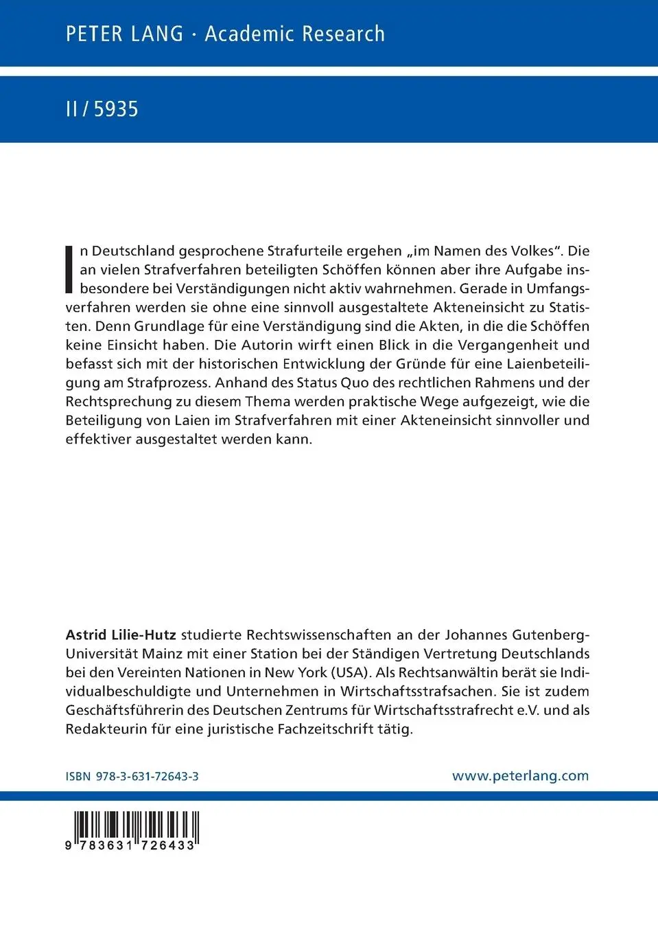 Rückseite: 9783631726433 | Akteneinsichtsrecht für Schöffen | Astrid Lilie-Hutz | Taschenbuch