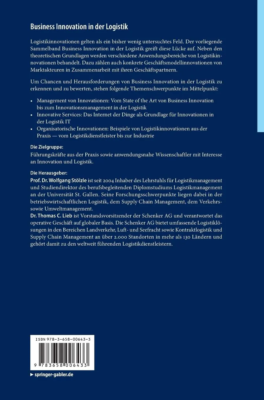 Rückseite: 9783658006433 | Business Innovation in der Logistik | Wolfgang Stölzle (u. a.) | Buch