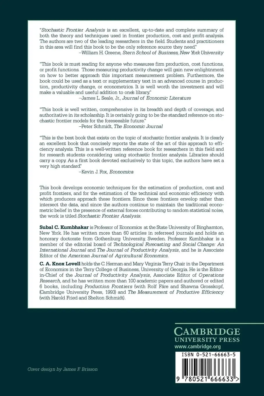 Rückseite: 9780521666633 | Stochastic Frontier Analysis | Subal C. Kumbhakar (u. a.) | Buch