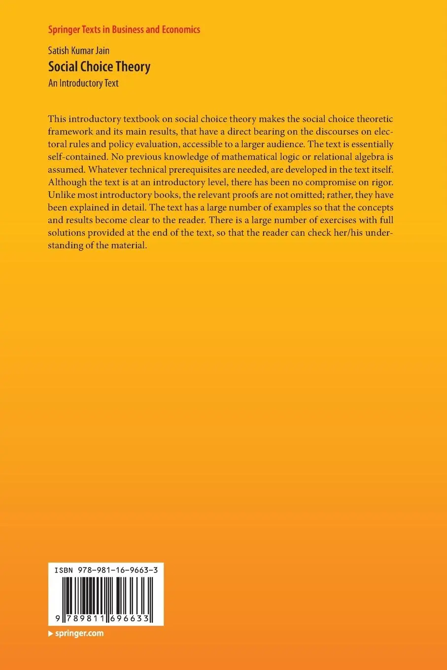 Rückseite: 9789811696633 | Social Choice Theory | An Introductory Text | Satish Kumar Jain | Buch