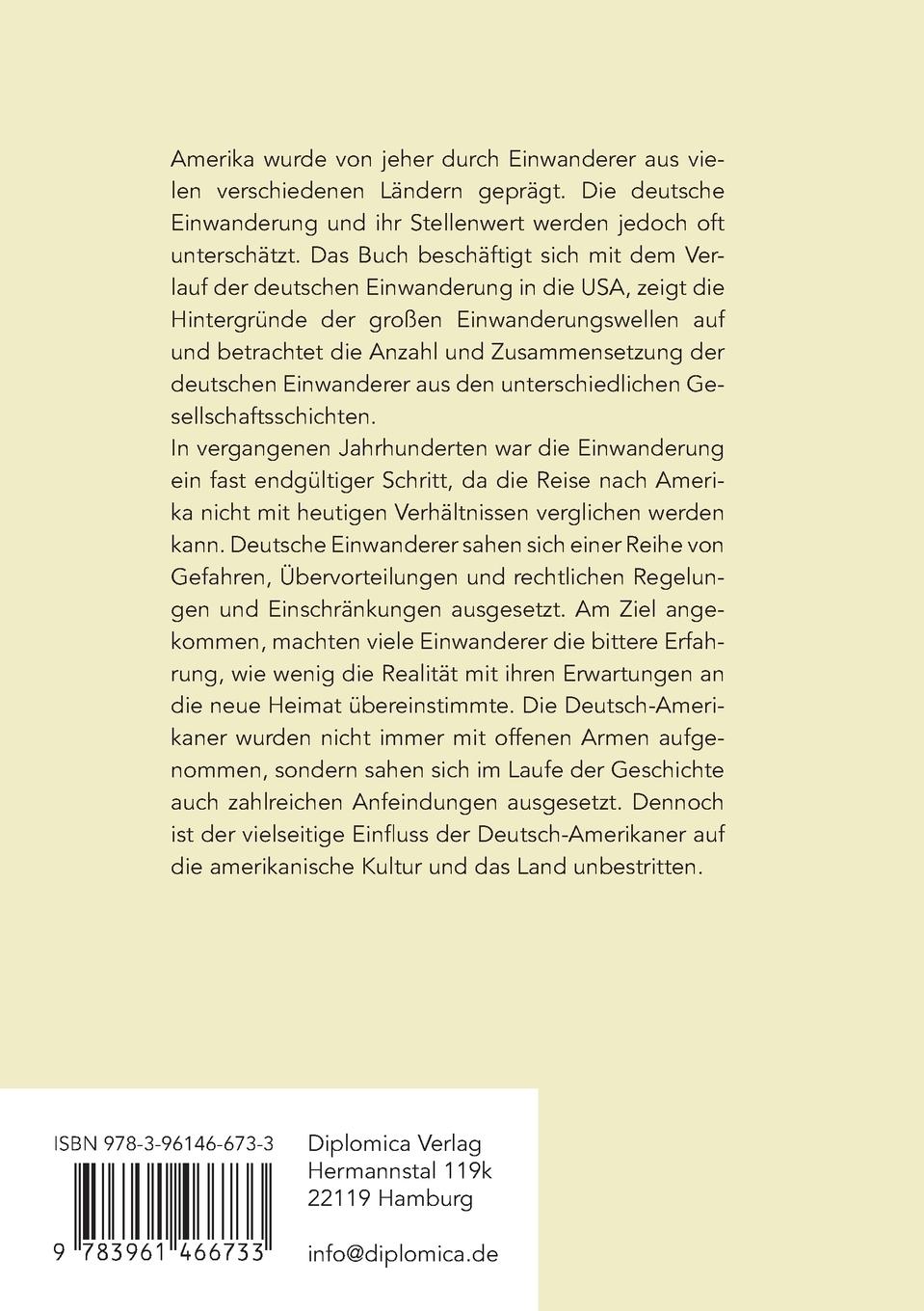 Rückseite: 9783961466733 | Die deutsche Einwanderung in die USA und ihre Auswirkungen | Jankowiak
