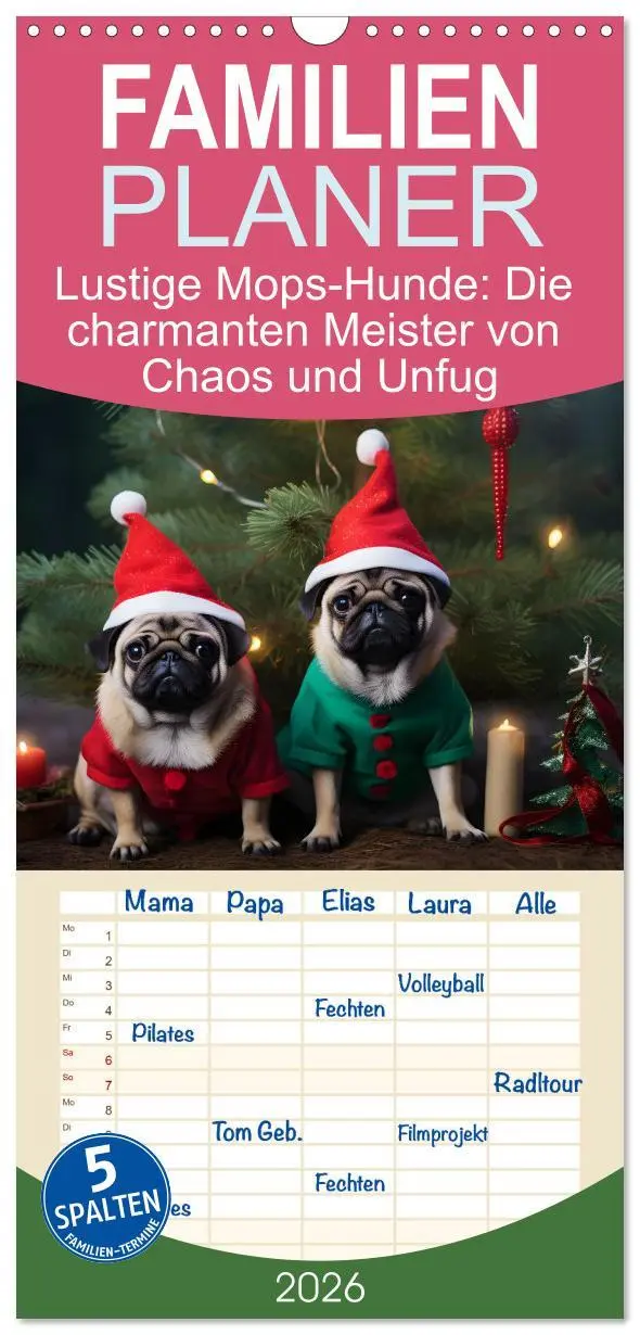 Cover: 9783516496833 | Familienplaner 2026 - Lustige Mops-Hunde: Die charmanten Meister...