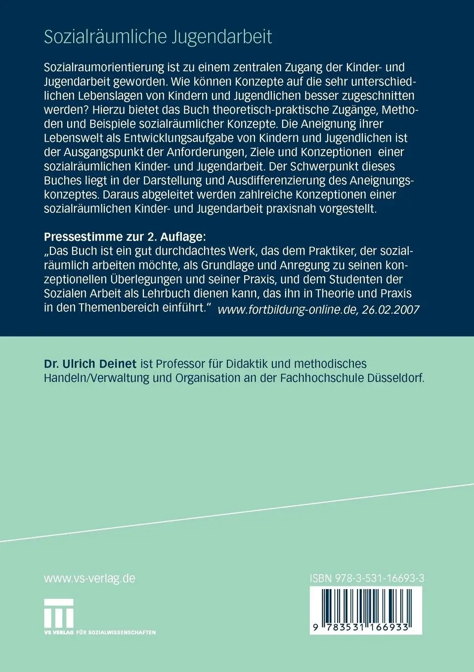 Rückseite: 9783531166933 | Sozialräumliche Jugendarbeit | Grundlagen, Methoden und Praxiskonzepte