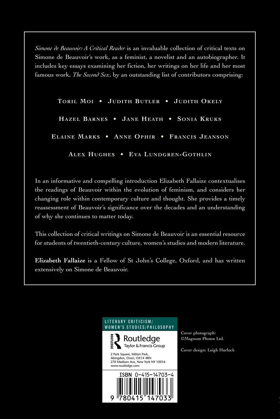 Rückseite: 9780415147033 | Simone de Beauvoir | A Critical Reader | Elizabeth Fallaize | Buch