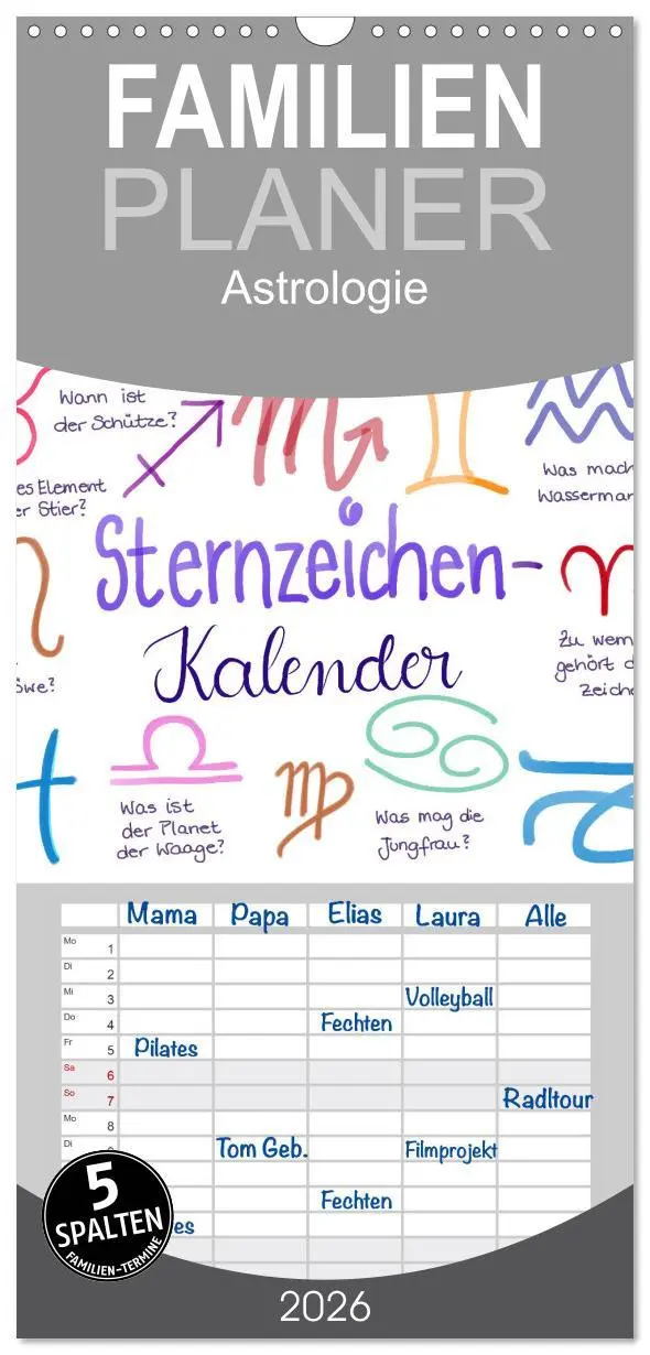 Cover: 9783516517033 | Familienplaner 2026 - Sternzeichen-Kalender mit 5 Spalten...