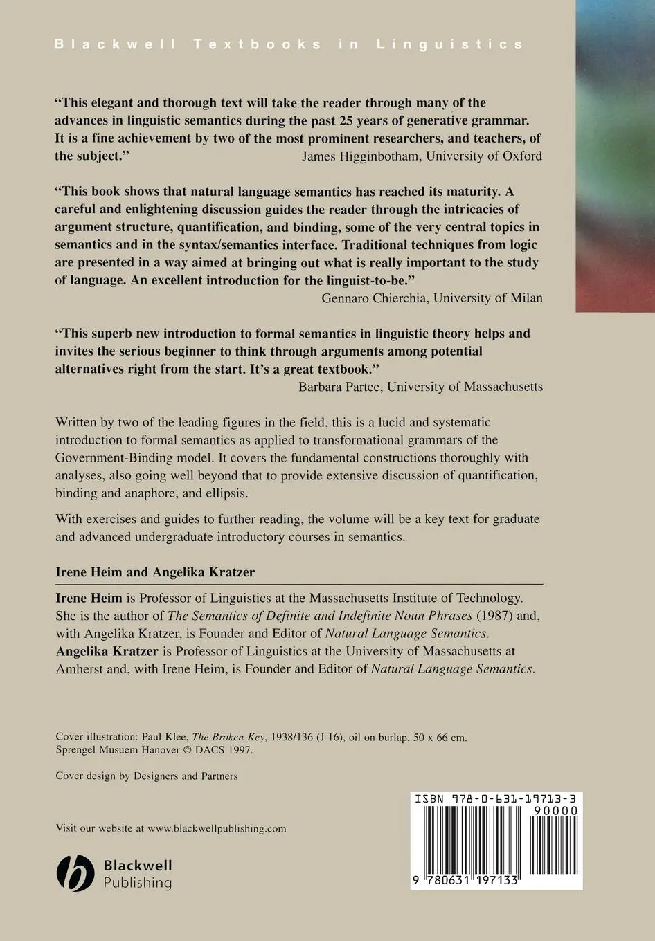 Rückseite: 9780631197133 | Semantics in Generative Grammar | Heim (u. a.) | Taschenbuch | 1997